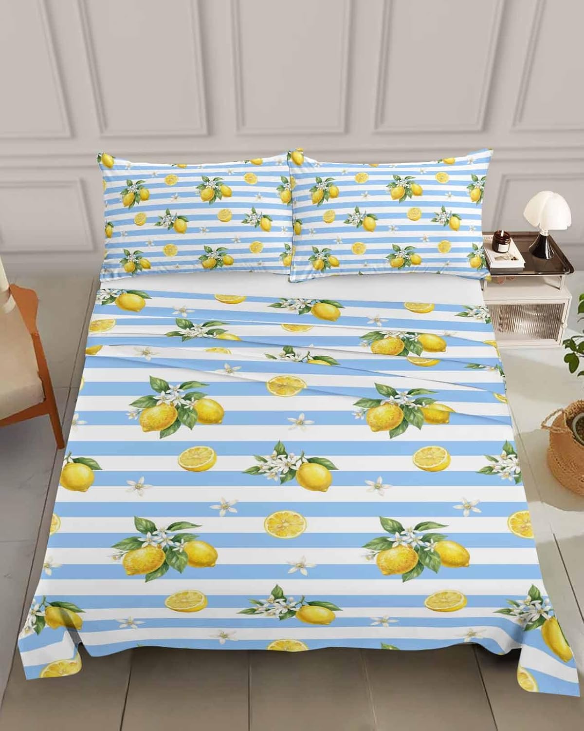 Queen Size Top Sheet Only, Summer Lemon Flower Leaf Flat Sheet Microfiber Breathable Soft Bed Sheets, Yellow Fruit Blue White Stripe Hotel Bedding Flat Sheets for Bedroom