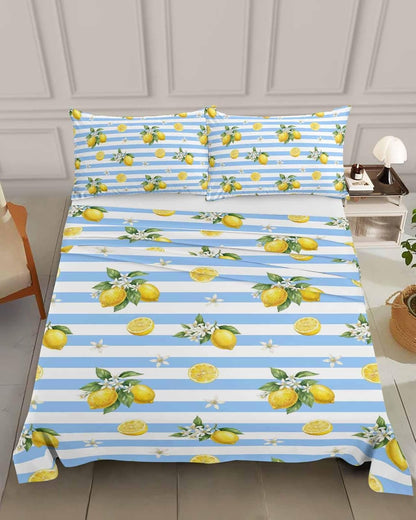 Queen Size Top Sheet Only, Summer Lemon Flower Leaf Flat Sheet Microfiber Breathable Soft Bed Sheets, Yellow Fruit Blue White Stripe Hotel Bedding Flat Sheets for Bedroom