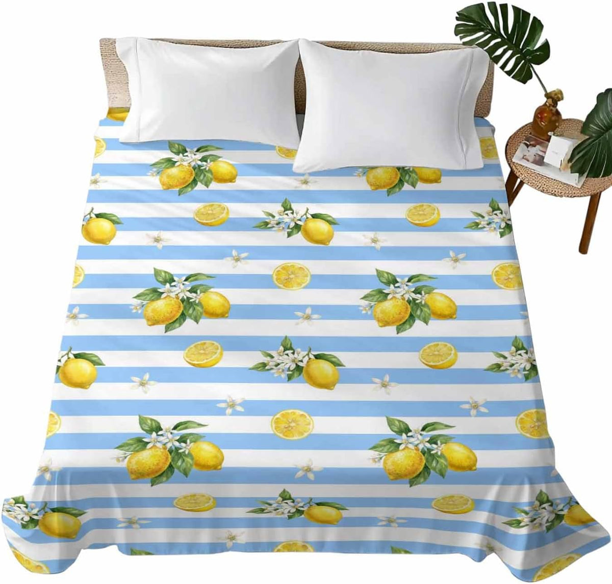Queen Size Top Sheet Only, Summer Lemon Flower Leaf Flat Sheet Microfiber Breathable Soft Bed Sheets, Yellow Fruit Blue White Stripe Hotel Bedding Flat Sheets for Bedroom