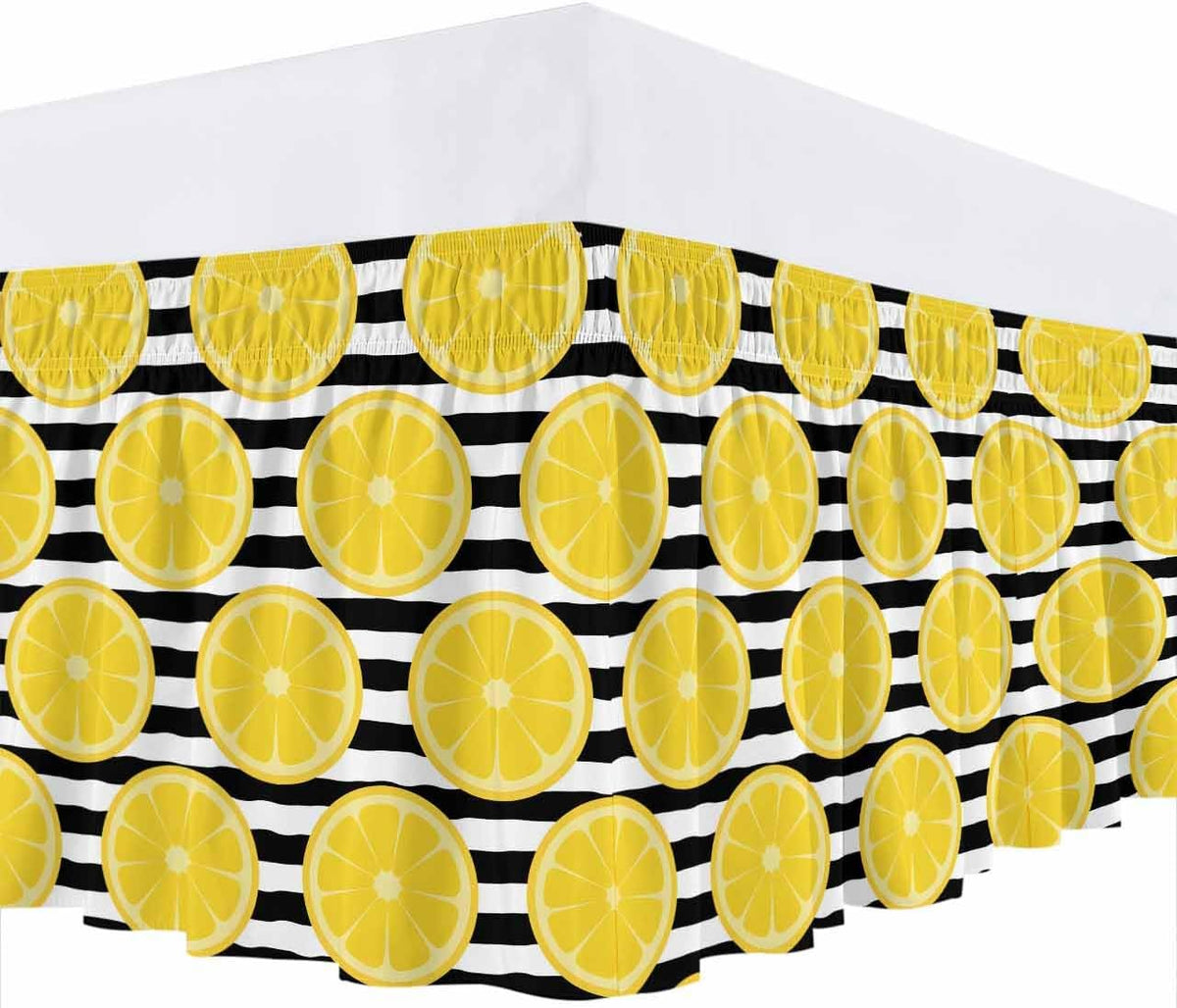 Yellow Lemon Wrap Around Bed Skirt Queen Size, Dust Ruffled 16 Inch Tailored Drop with Adjustable Elastic Belt Pleated, Summer Botanical Fruits Black White Stripes Luxury Bedding Skirts for Bedroom