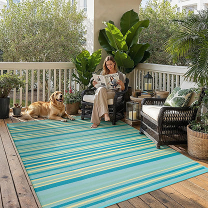 Outdoor Plastic Straw Rug Waterproof Patio 6x9 Teal Yellow Stripe Mat for Porch Camping RV Balcony Deck Courtyard Reversible Lightweight Durable Portable Carpet