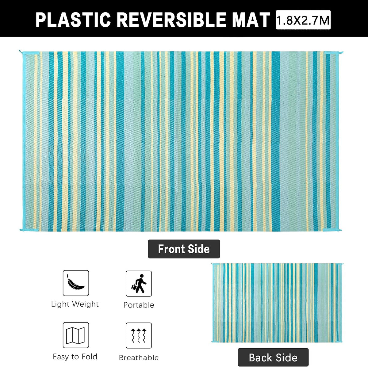 Outdoor Plastic Straw Rug Waterproof Patio 6x9 Teal Yellow Stripe Mat for Porch Camping RV Balcony Deck Courtyard Reversible Lightweight Durable Portable Carpet
