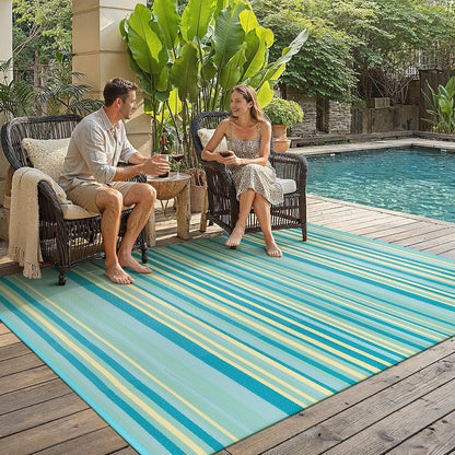 Outdoor Plastic Straw Rug Waterproof Patio 6x9 Teal Yellow Stripe Mat for Porch Camping RV Balcony Deck Courtyard Reversible Lightweight Durable Portable Carpet