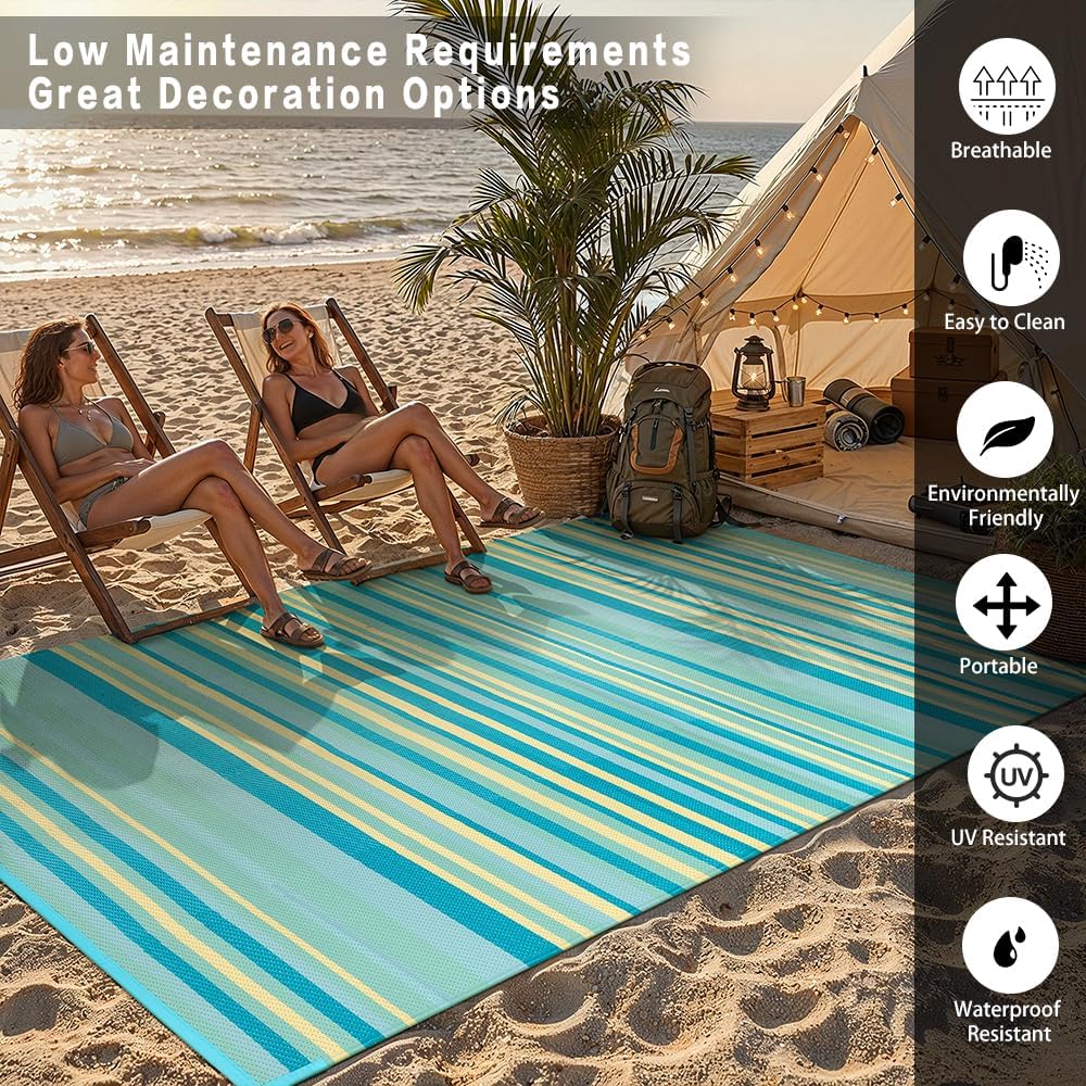 Outdoor Plastic Straw Rug Waterproof Patio 6x9 Teal Yellow Stripe Mat for Porch Camping RV Balcony Deck Courtyard Reversible Lightweight Durable Portable Carpet