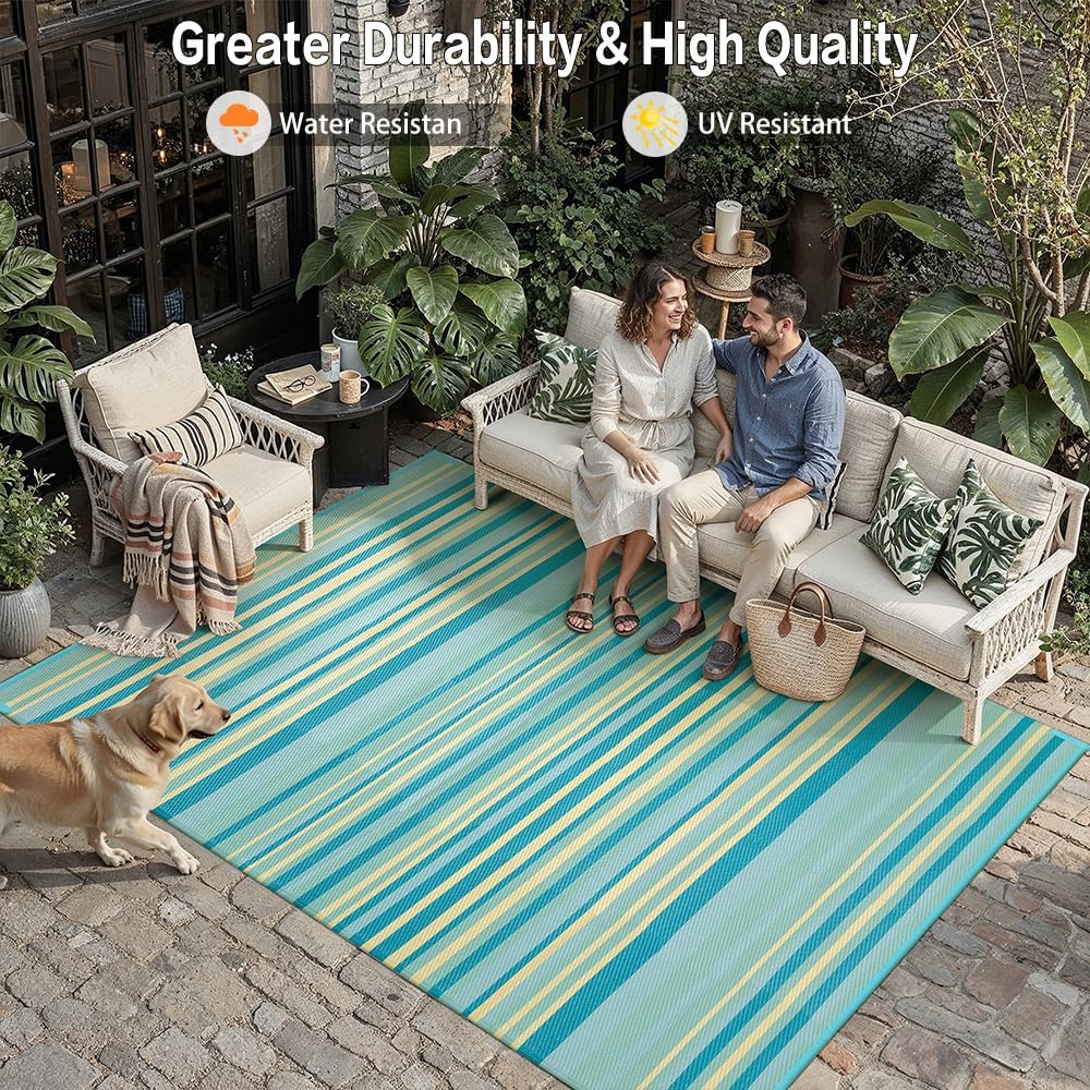 Outdoor Plastic Straw Rug Waterproof Patio 6x9 Teal Yellow Stripe Mat for Porch Camping RV Balcony Deck Courtyard Reversible Lightweight Durable Portable Carpet
