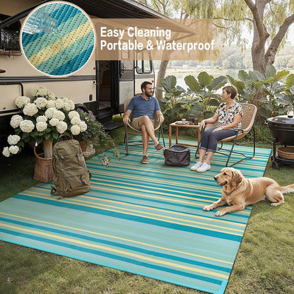 Outdoor Plastic Straw Rug Waterproof Patio 6x9 Teal Yellow Stripe Mat for Porch Camping RV Balcony Deck Courtyard Reversible Lightweight Durable Portable Carpet
