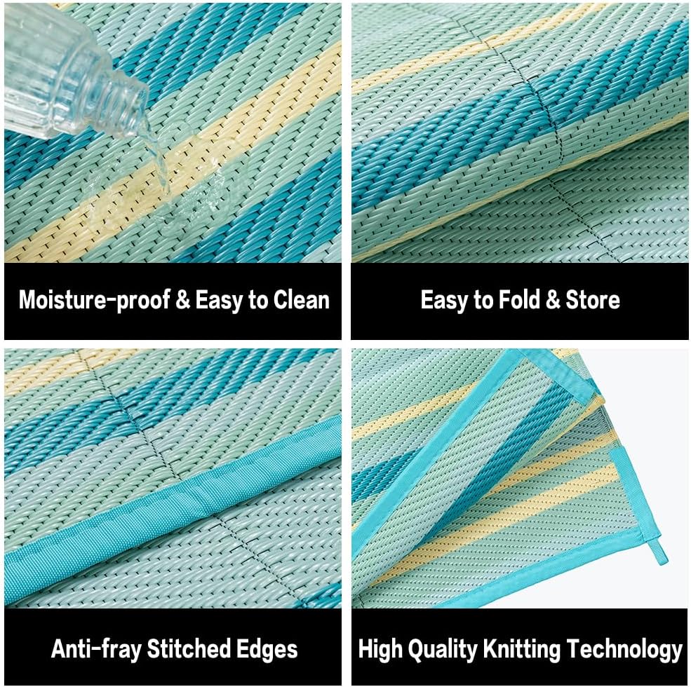 Outdoor Plastic Straw Rug Waterproof Patio 6x9 Teal Yellow Stripe Mat for Porch Camping RV Balcony Deck Courtyard Reversible Lightweight Durable Portable Carpet