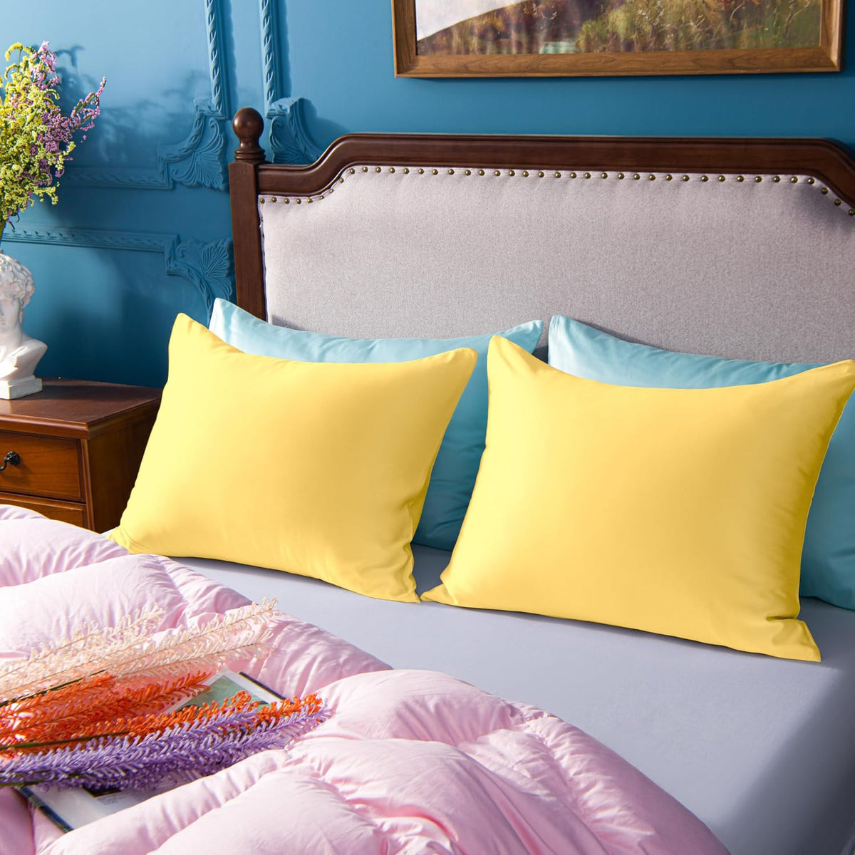 Satin Pillowcases with Zipper for Hair and Skin, Set of 2 Smilar to Silk Pillow Cases, Machine Washable, Wrinkle-Free, Cooling Satin Pillow Cases Standard, 20x26 Inches, Yellow