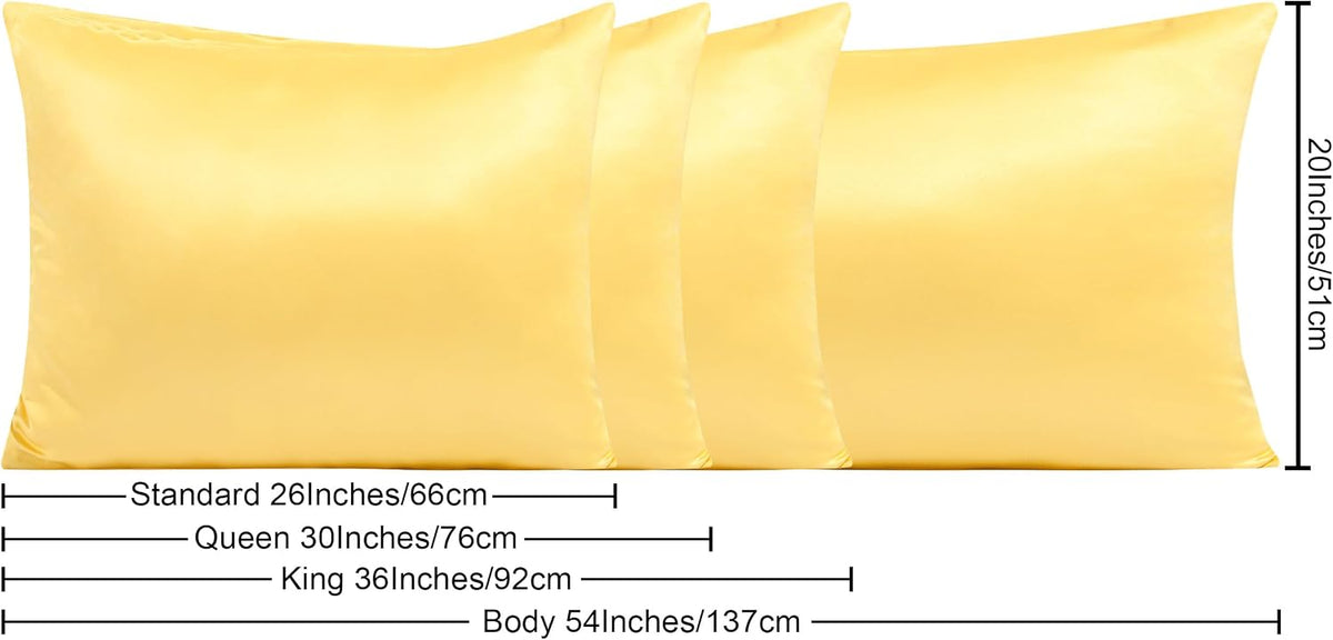 Satin Pillowcases with Zipper for Hair and Skin, Set of 2 Smilar to Silk Pillow Cases, Machine Washable, Wrinkle-Free, Cooling Satin Pillow Cases Standard, 20x26 Inches, Yellow