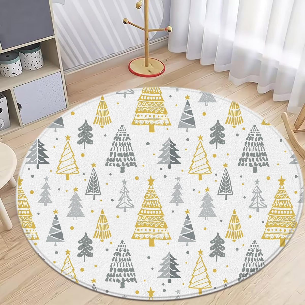 Christmas Tree Round Area Rug Yellow Grey Xmas Pine Tree Star Snowflake Cartoon Rustic Farmhouse Winter Holiday Blue Small Throw Rugs Floor Carpet for Door Mat Bedrooms