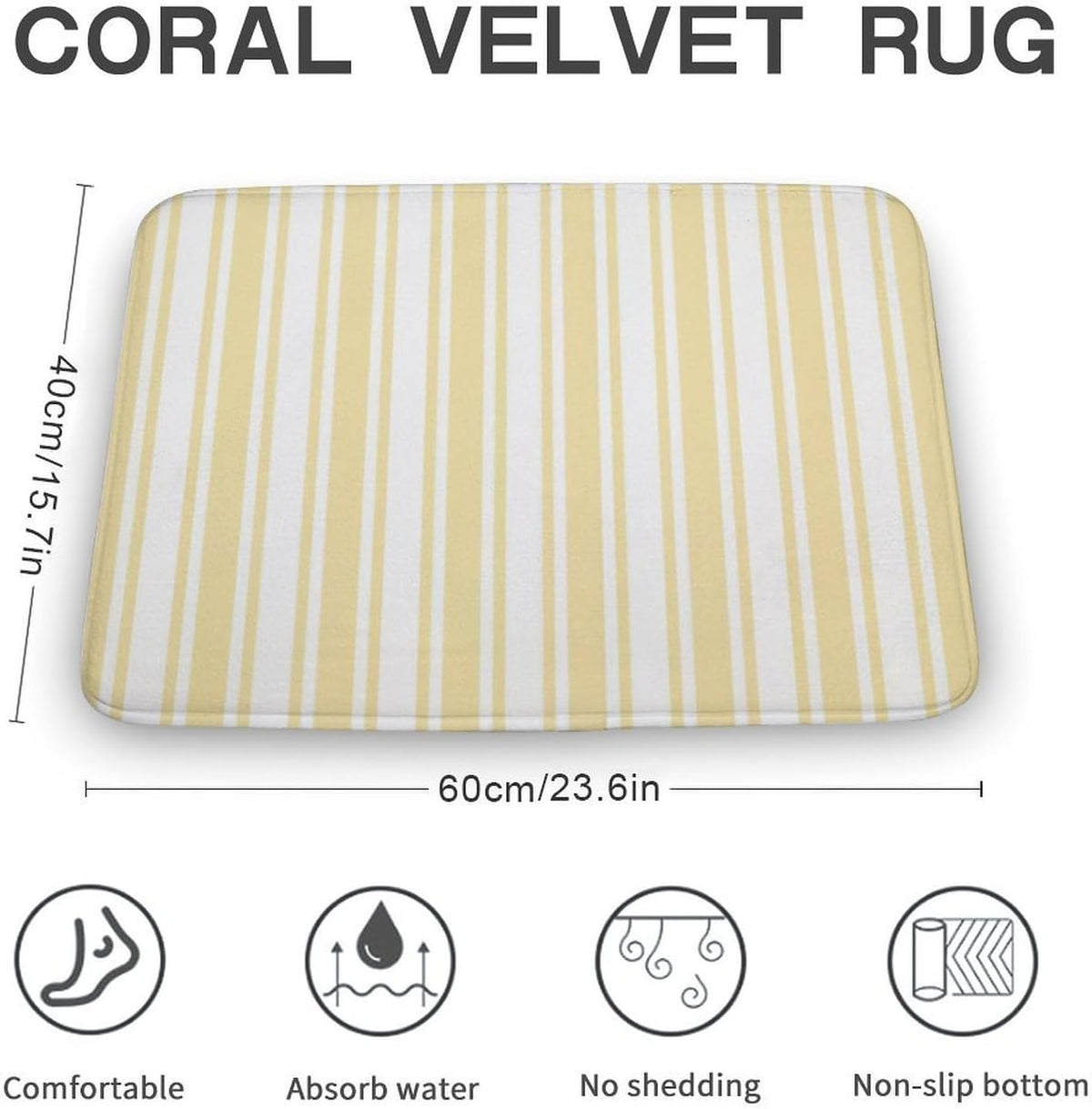 Pale Yellow and White Candy Stripes Bathroom Rugs, Non Slip & Absorbent Bath Mat Carpets for Bathroom, Entryway or Sink 16" x 24"
