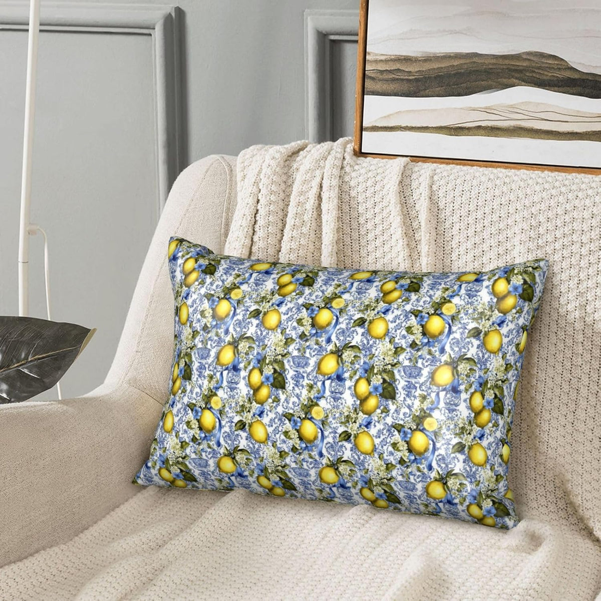 Yellow Lemon Sky Blue Floral Print Satin Pillowcase for Hair and Skin, 20x30 Inches Pillow Cases, Queen Size Pillowcases with Zipper, Similar to Silk Pillow Covers