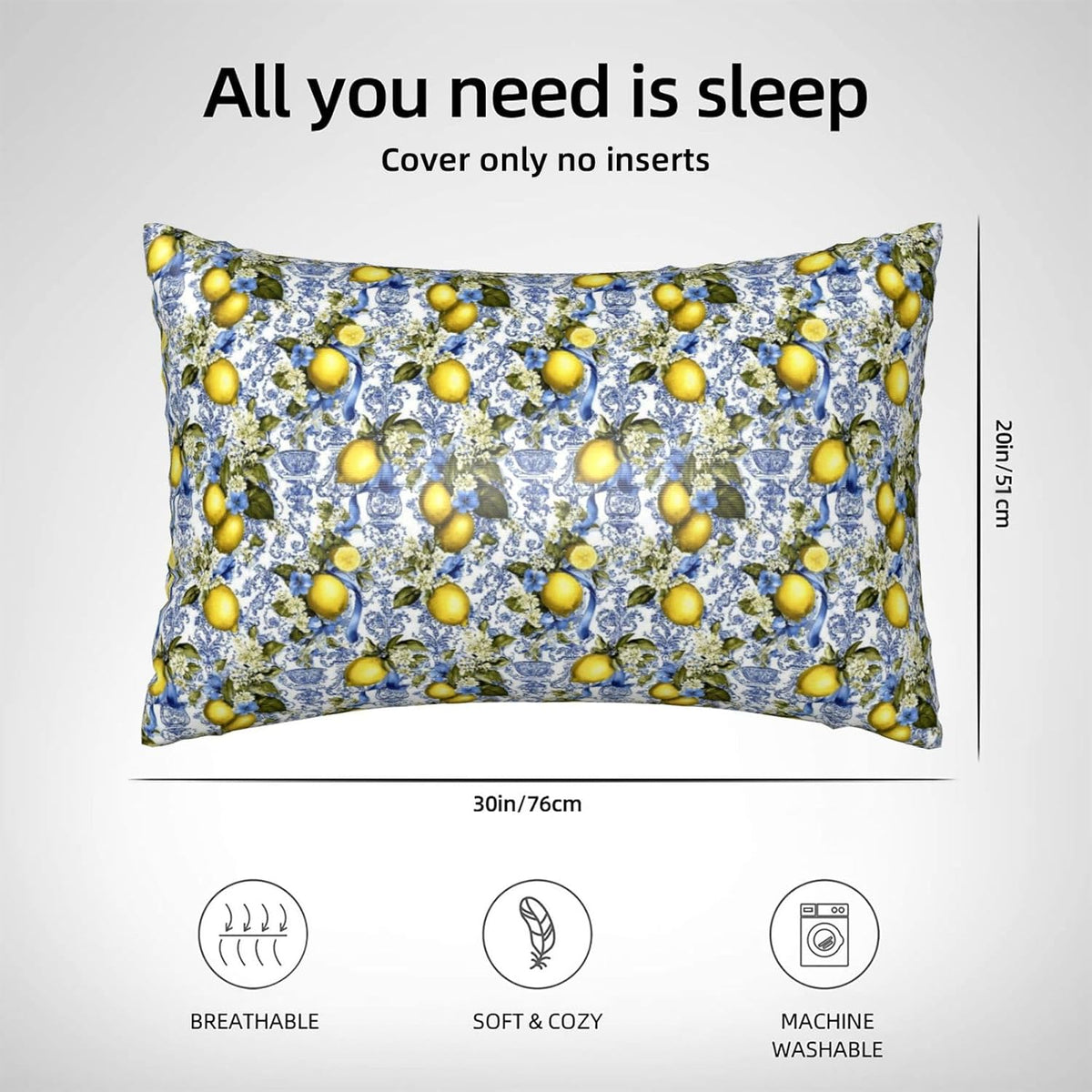 Yellow Lemon Sky Blue Floral Print Satin Pillowcase for Hair and Skin, 20x30 Inches Pillow Cases, Queen Size Pillowcases with Zipper, Similar to Silk Pillow Covers