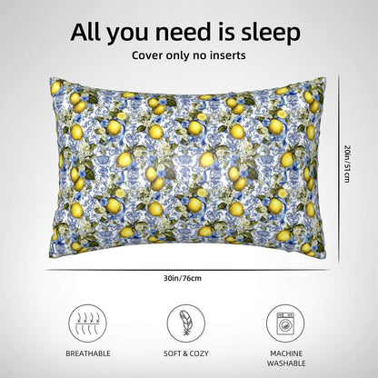Yellow Lemon Sky Blue Floral Print Satin Pillowcase for Hair and Skin, 20x30 Inches Pillow Cases, Queen Size Pillowcases with Zipper, Similar to Silk Pillow Covers