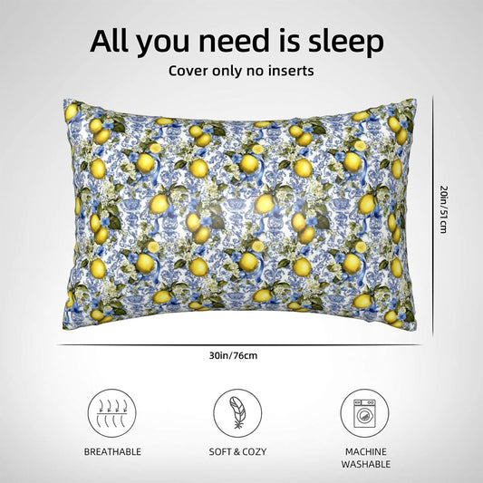 Yellow Lemon Sky Blue Floral Print Satin Pillowcase for Hair and Skin, 20x30 Inches Pillow Cases, Queen Size Pillowcases with Zipper, Similar to Silk Pillow Covers