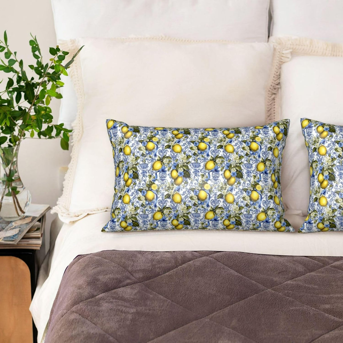 Yellow Lemon Sky Blue Floral Print Satin Pillowcase for Hair and Skin, 20x30 Inches Pillow Cases, Queen Size Pillowcases with Zipper, Similar to Silk Pillow Covers