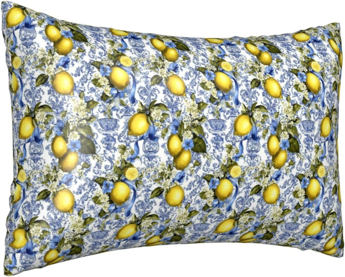 Yellow Lemon Sky Blue Floral Print Satin Pillowcase for Hair and Skin, 20x30 Inches Pillow Cases, Queen Size Pillowcases with Zipper, Similar to Silk Pillow Covers