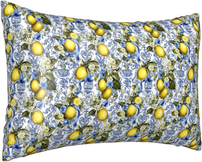 Yellow Lemon Sky Blue Floral Print Satin Pillowcase for Hair and Skin, 20x30 Inches Pillow Cases, Queen Size Pillowcases with Zipper, Similar to Silk Pillow Covers