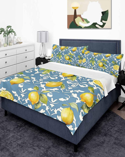 Twin Size Top Sheet Only, Summer Lemon Leaves Yellow Fruit Flat Sheet Microfiber Breathable Soft Bed Sheet, Abstract Floral Pattern on Blue Hotel Luxury Bedding Flat Sheets for Bedroom