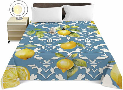 Twin Size Top Sheet Only, Summer Lemon Leaves Yellow Fruit Flat Sheet Microfiber Breathable Soft Bed Sheet, Abstract Floral Pattern on Blue Hotel Luxury Bedding Flat Sheets for Bedroom