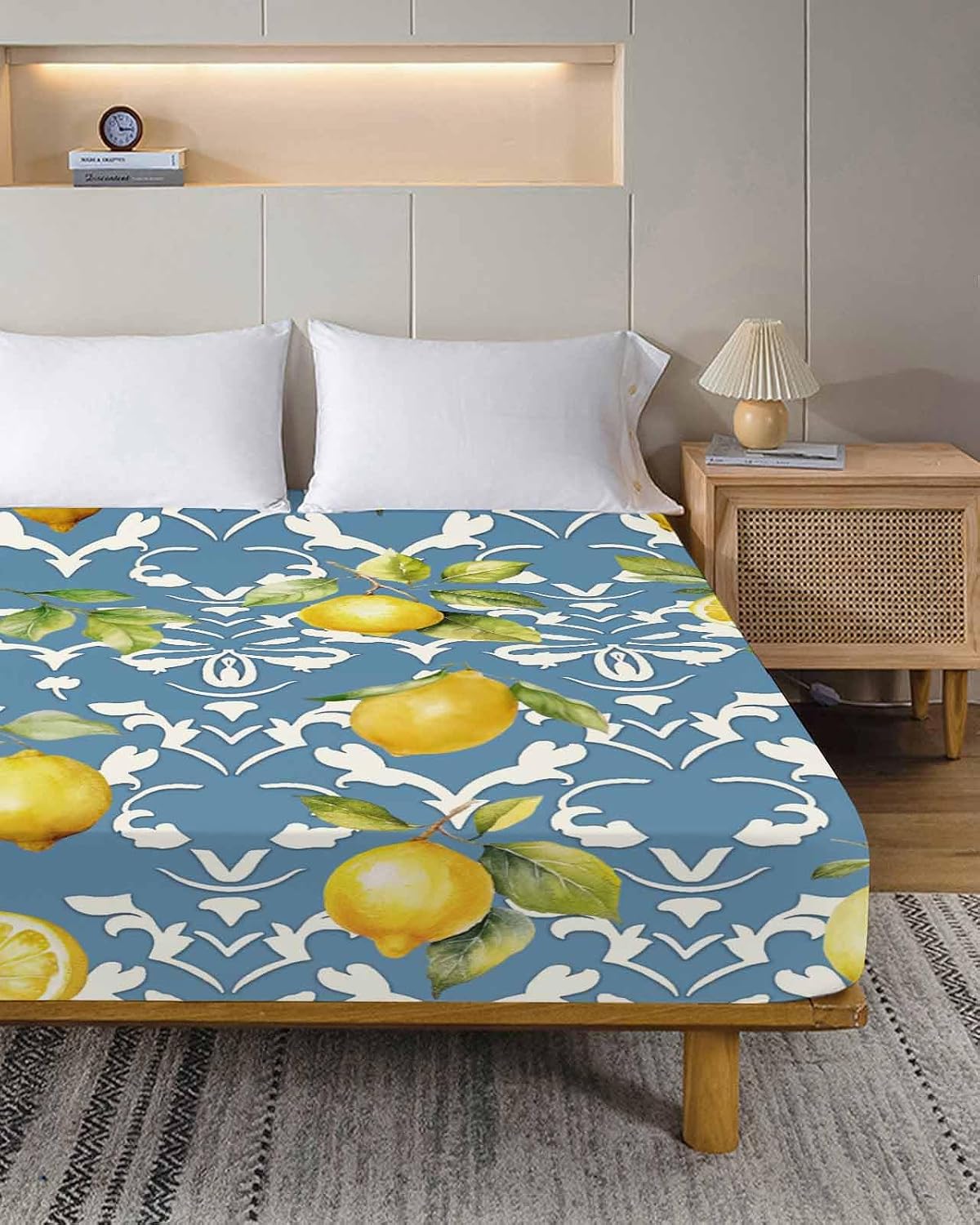 Twin Size Top Sheet Only, Summer Lemon Leaves Yellow Fruit Flat Sheet Microfiber Breathable Soft Bed Sheet, Abstract Floral Pattern on Blue Hotel Luxury Bedding Flat Sheets for Bedroom