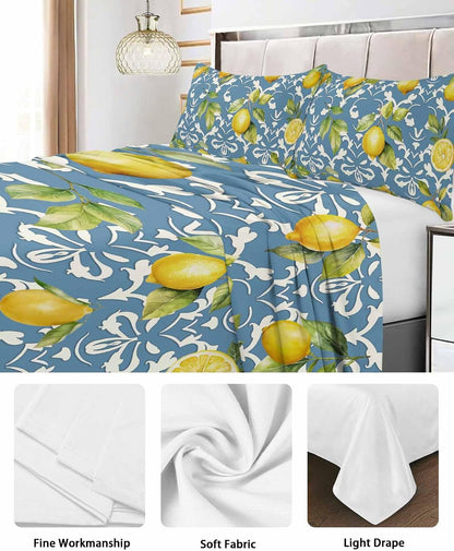 Twin Size Top Sheet Only, Summer Lemon Leaves Yellow Fruit Flat Sheet Microfiber Breathable Soft Bed Sheet, Abstract Floral Pattern on Blue Hotel Luxury Bedding Flat Sheets for Bedroom