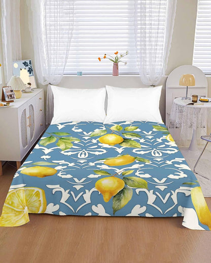 Twin Size Top Sheet Only, Summer Lemon Leaves Yellow Fruit Flat Sheet Microfiber Breathable Soft Bed Sheet, Abstract Floral Pattern on Blue Hotel Luxury Bedding Flat Sheets for Bedroom