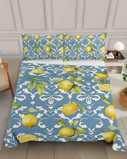 Twin Size Top Sheet Only, Summer Lemon Leaves Yellow Fruit Flat Sheet Microfiber Breathable Soft Bed Sheet, Abstract Floral Pattern on Blue Hotel Luxury Bedding Flat Sheets for Bedroom
