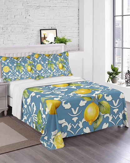 Twin Size Top Sheet Only, Summer Lemon Leaves Yellow Fruit Flat Sheet Microfiber Breathable Soft Bed Sheet, Abstract Floral Pattern on Blue Hotel Luxury Bedding Flat Sheets for Bedroom