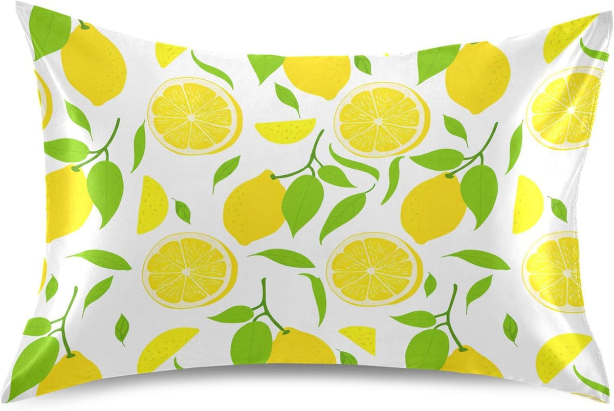 Bright Yellow Lemons Satin Pillow Cases, Soft Cozy Wrinkle Free Pillow Covers, Machine Washable Pillowcase Covers with Envelope Closure Standard Size 20” x 26”