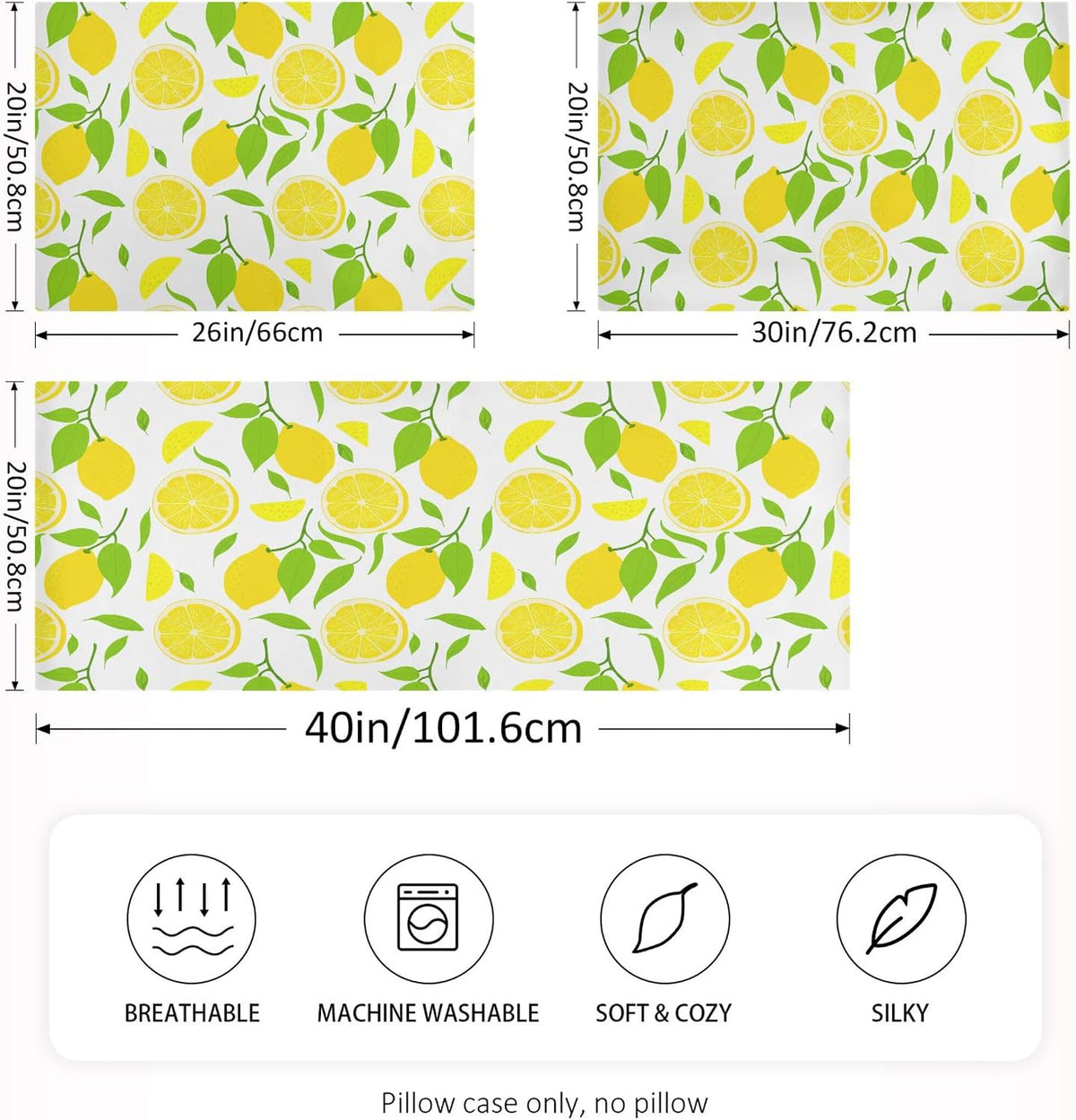 Bright Yellow Lemons Satin Pillow Cases, Soft Cozy Wrinkle Free Pillow Covers, Machine Washable Pillowcase Covers with Envelope Closure Standard Size 20” x 26”