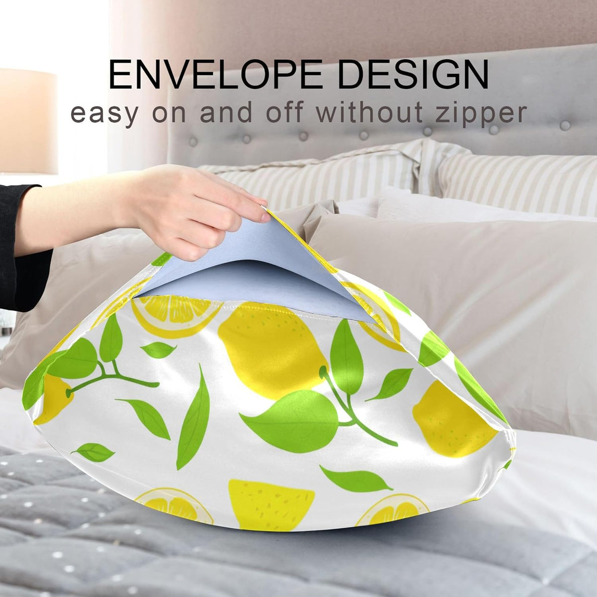 Bright Yellow Lemons Satin Pillow Cases, Soft Cozy Wrinkle Free Pillow Covers, Machine Washable Pillowcase Covers with Envelope Closure Standard Size 20” x 26”