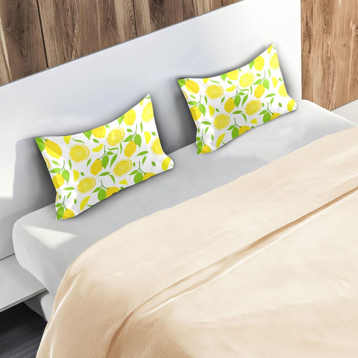Bright Yellow Lemons Satin Pillow Cases, Soft Cozy Wrinkle Free Pillow Covers, Machine Washable Pillowcase Covers with Envelope Closure Standard Size 20” x 26”