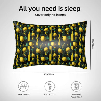 Yellow Black Striped Lemon Print Satin Pillowcase for Hair and Skin, 20x30 Inches Pillow Cases, Queen Size Pillowcases with Zipper, Similar to Silk Pillow Covers