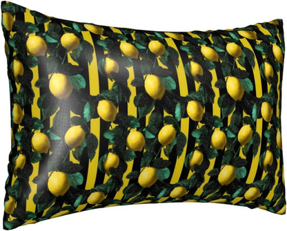 Yellow Black Striped Lemon Print Satin Pillowcase for Hair and Skin, 20x30 Inches Pillow Cases, Queen Size Pillowcases with Zipper, Similar to Silk Pillow Covers