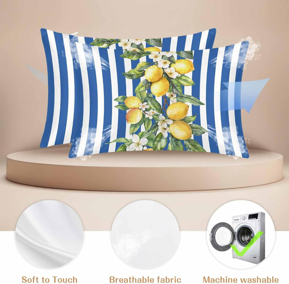 Yellow Lemon Floral Standard Pillowcase Set of 2, Blue Stripe Satin Pillow Case Cover with Smooth Hidden Zipper Closure, Soft Throw Pillow Covers Cases for Home Decoration 20 X 26 Inches