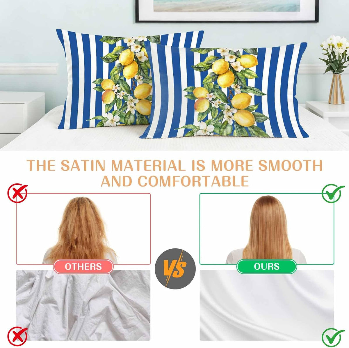 Yellow Lemon Floral Standard Pillowcase Set of 2, Blue Stripe Satin Pillow Case Cover with Smooth Hidden Zipper Closure, Soft Throw Pillow Covers Cases for Home Decoration 20 X 26 Inches