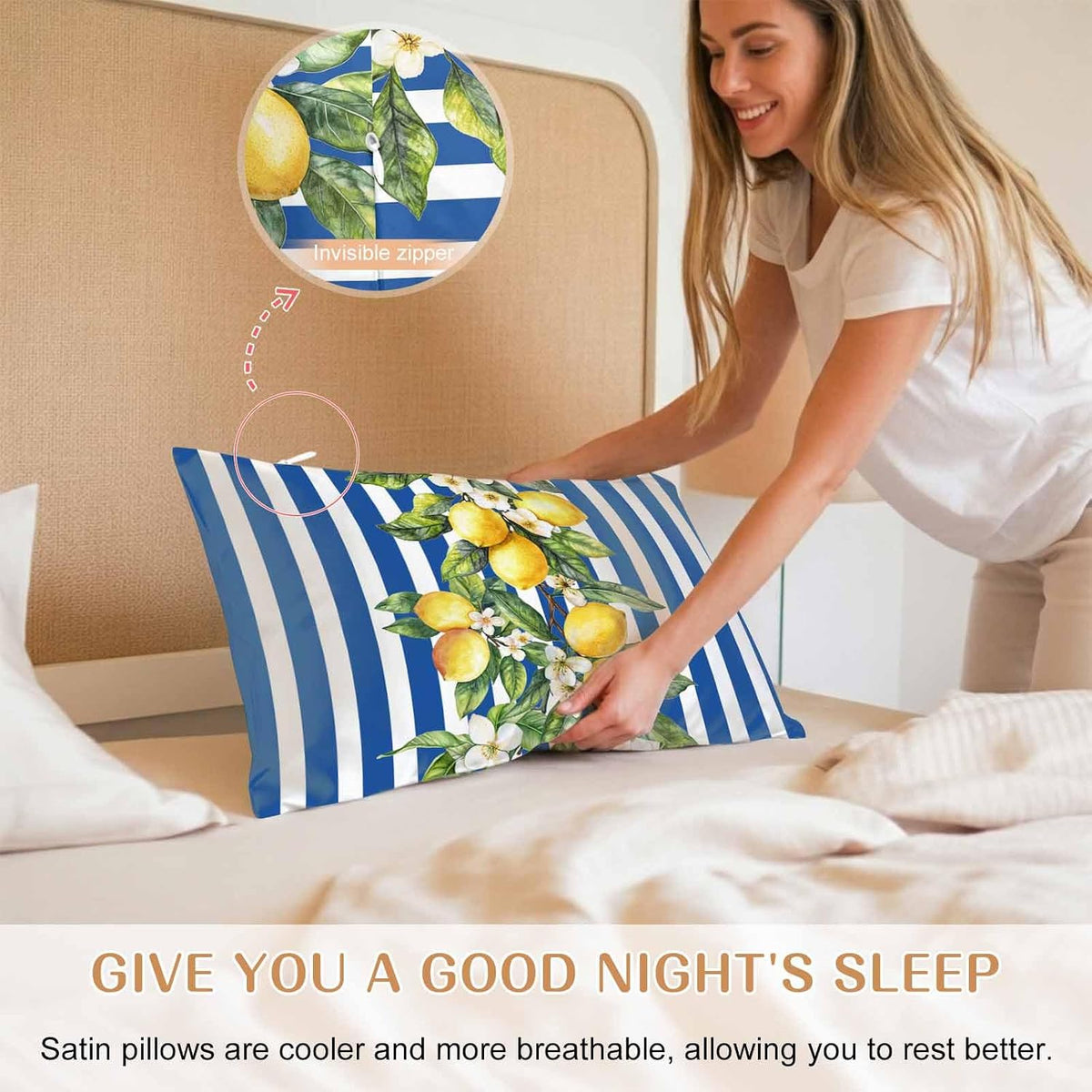Yellow Lemon Floral Standard Pillowcase Set of 2, Blue Stripe Satin Pillow Case Cover with Smooth Hidden Zipper Closure, Soft Throw Pillow Covers Cases for Home Decoration 20 X 26 Inches