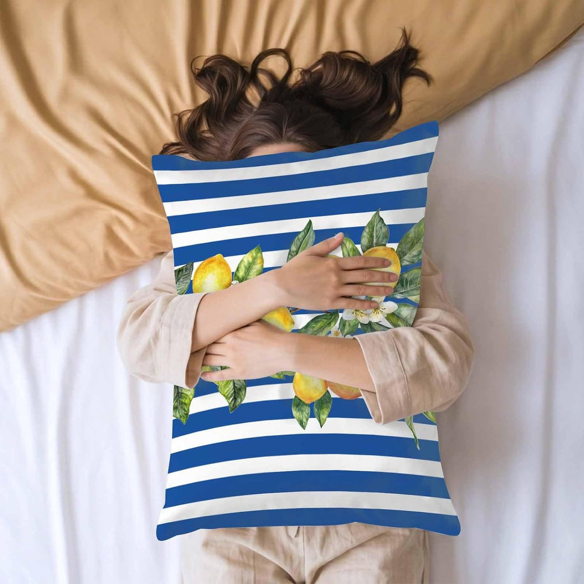 Yellow Lemon Floral Standard Pillowcase Set of 2, Blue Stripe Satin Pillow Case Cover with Smooth Hidden Zipper Closure, Soft Throw Pillow Covers Cases for Home Decoration 20 X 26 Inches
