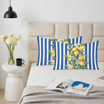 Yellow Lemon Floral Standard Pillowcase Set of 2, Blue Stripe Satin Pillow Case Cover with Smooth Hidden Zipper Closure, Soft Throw Pillow Covers Cases for Home Decoration 20 X 26 Inches