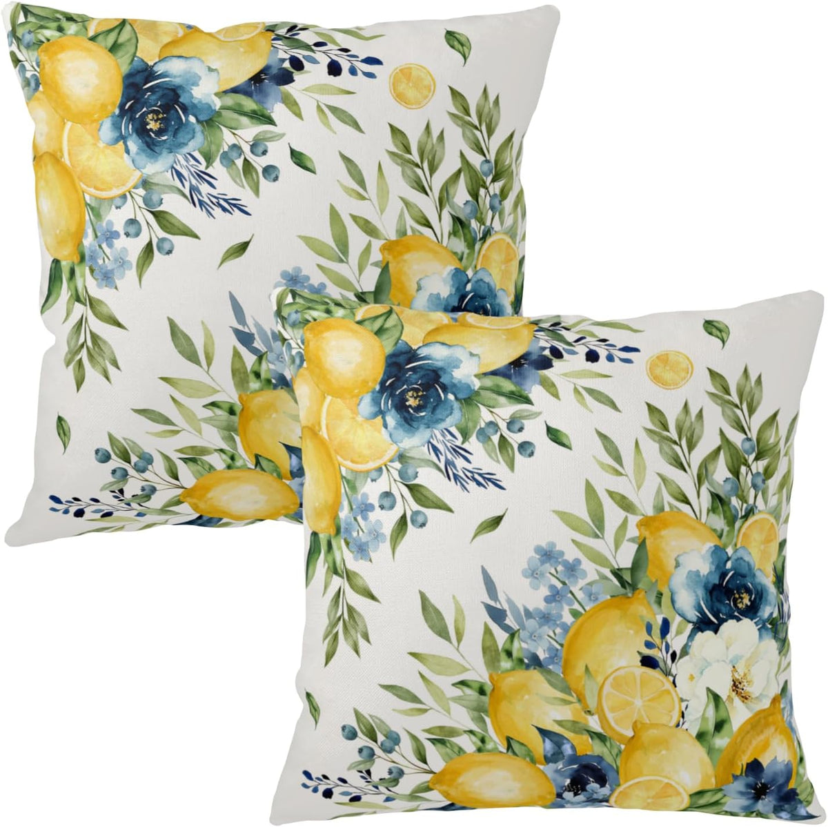 Summer Lemon Floral Pillow Covers 16x16 Set of 2 Yellow and Blue Lemons Fruit Flower Decorative Pillow Cases Spring Farmhouse Cushion Cover for Outdoor Sofa Couch Home Decor
