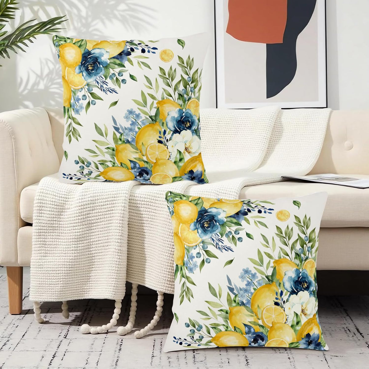 Summer Lemon Floral Pillow Covers 16x16 Set of 2 Yellow and Blue Lemons Fruit Flower Decorative Pillow Cases Spring Farmhouse Cushion Cover for Outdoor Sofa Couch Home Decor