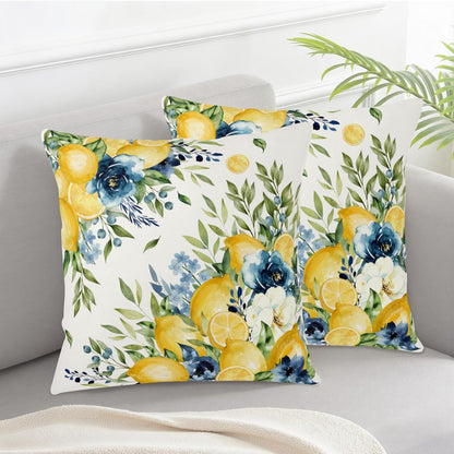 Summer Lemon Floral Pillow Covers 16x16 Set of 2 Yellow and Blue Lemons Fruit Flower Decorative Pillow Cases Spring Farmhouse Cushion Cover for Outdoor Sofa Couch Home Decor