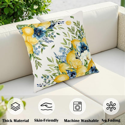 Summer Lemon Floral Pillow Covers 16x16 Set of 2 Yellow and Blue Lemons Fruit Flower Decorative Pillow Cases Spring Farmhouse Cushion Cover for Outdoor Sofa Couch Home Decor