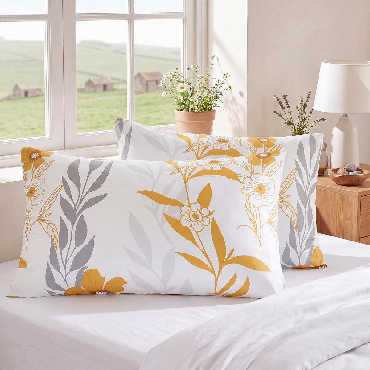 100% Cotton Pillowcases Standard Size Set of 2 Yellow Floral Pillow Covers Flower Leaf Botanical Print Decorative Pillow Cases with Pocket Closure