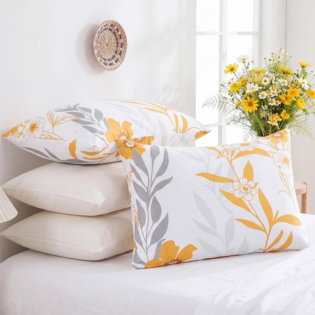 100% Cotton Pillowcases Standard Size Set of 2 Yellow Floral Pillow Covers Flower Leaf Botanical Print Decorative Pillow Cases with Pocket Closure