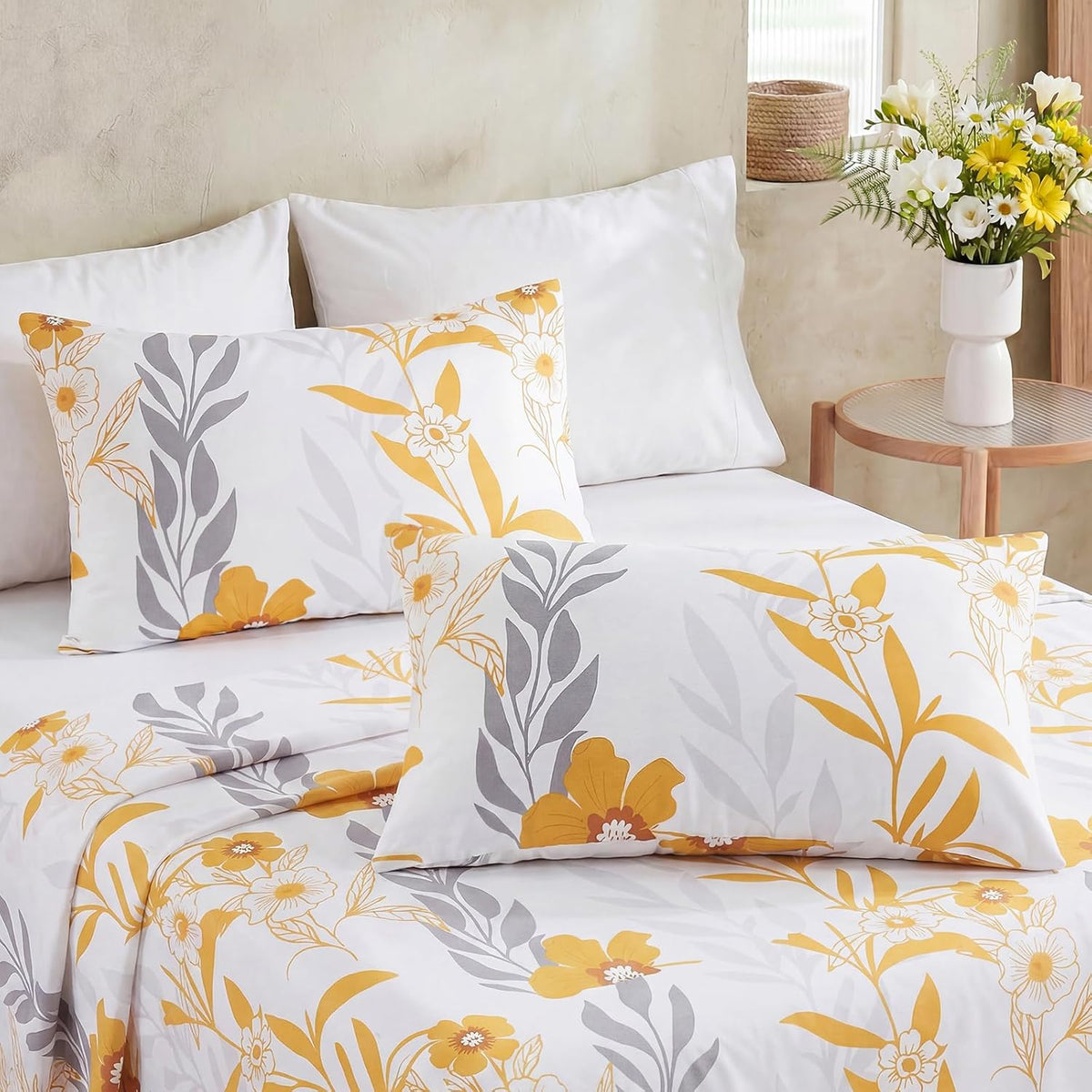 100% Cotton Pillowcases Standard Size Set of 2 Yellow Floral Pillow Covers Flower Leaf Botanical Print Decorative Pillow Cases with Pocket Closure