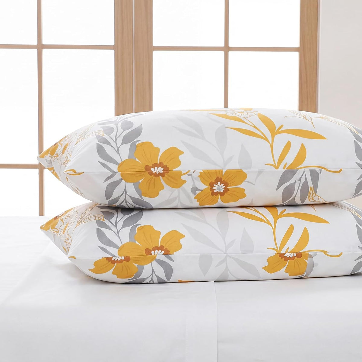 100% Cotton Pillowcases Standard Size Set of 2 Yellow Floral Pillow Covers Flower Leaf Botanical Print Decorative Pillow Cases with Pocket Closure