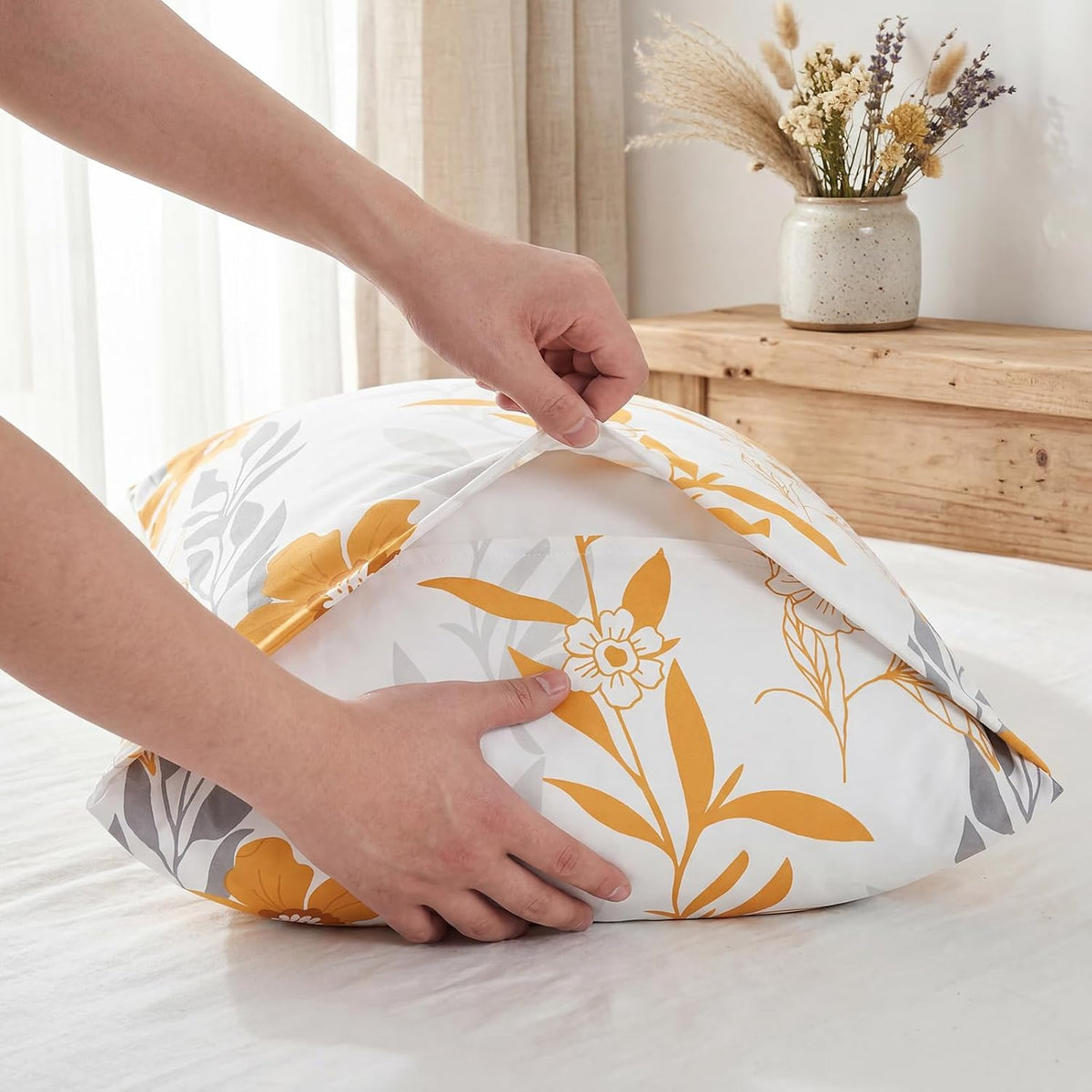 100% Cotton Pillowcases Standard Size Set of 2 Yellow Floral Pillow Covers Flower Leaf Botanical Print Decorative Pillow Cases with Pocket Closure