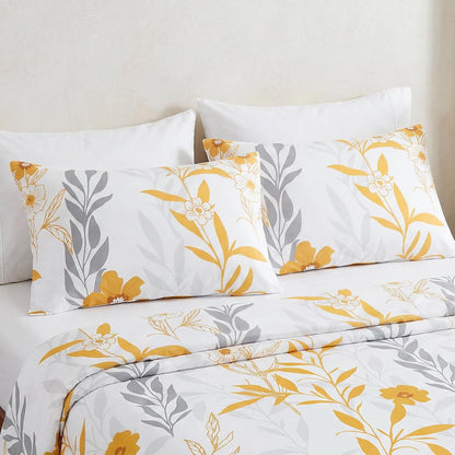 100% Cotton Pillowcases Standard Size Set of 2 Yellow Floral Pillow Covers Flower Leaf Botanical Print Decorative Pillow Cases with Pocket Closure